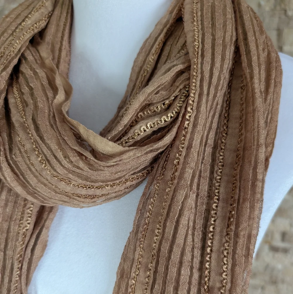 Camel Tan Boho Textured Fringe Shawl Sheer Lightweight Neutral Scarf Eco Fairy